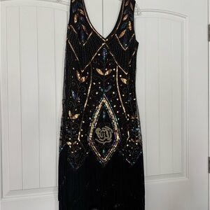 Metime Elegant Black Mini Dress with Gold and Blue Embellishments